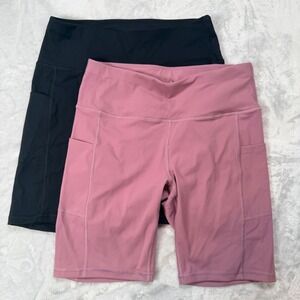 Fengbay Womens High Waist Biker Shorts with Pockets Black Pink Size Large 2 Pack